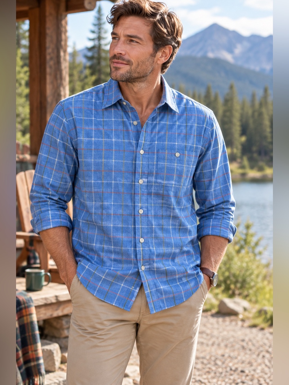 Orvis M Blue Plaid Cotton Button Up Shirt Outdoor Preppy Country Casual Work BBQ